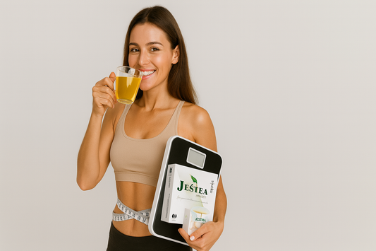 Jeune femme souriante tenant une tasse de thé JESTEA et une boîte de thé detox JESTEA, avec un mètre de couture autour de la taille et une balance à la main — symbole de bien-être, minceur naturelle et mode de vie sain.