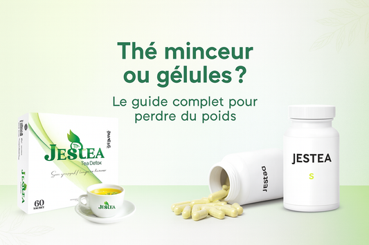 Bannière JESTEA : comparaison entre le thé minceur Jestea Tea Detox et les gélules minceur naturelles JESTEA, illustrant un guide complet sur la perte de poids et le bien-être. Image en fond vert clair, tasse de thé et flacon de gélules sur un fond zen.
