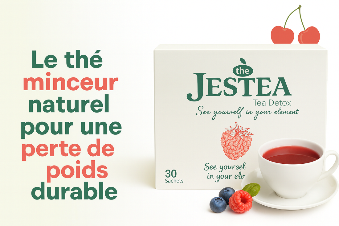 Jestea France – thé minceur naturel citron et fruits rouges, boisson detox à base de plantes, citron, fraises et framboises. Thé brûle-graisses pour une perte de poids saine et durable.