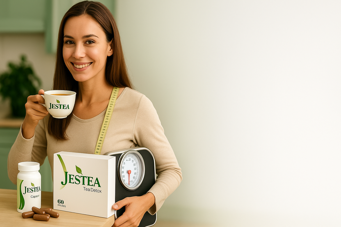 Jeune femme souriante buvant une tasse de thé JESTEA, avec la boîte de thé detox et les gélules minceur posées sur la table — ambiance bien-être, naturelle et équilibrée.